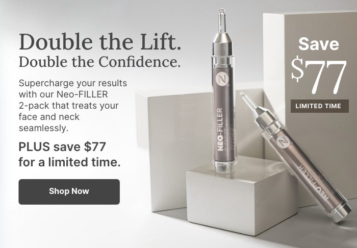 Two Neo-FILLER tubes displayed on white blocks with text reading, “Double the Lift. Double the Confidence.” It highlights a 2-pack with a limited-time $77 savings offer and a “Shop Now” button.